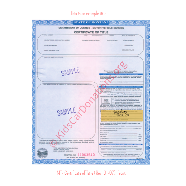 This is an Example of Montana Certificate of Title (Rev. 01-07) Front View | Kids Car Donations